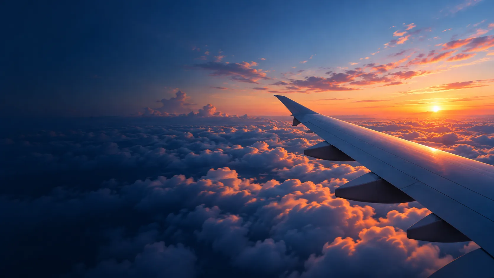 Airplane wing over clouds at sunset, seen from a window seat