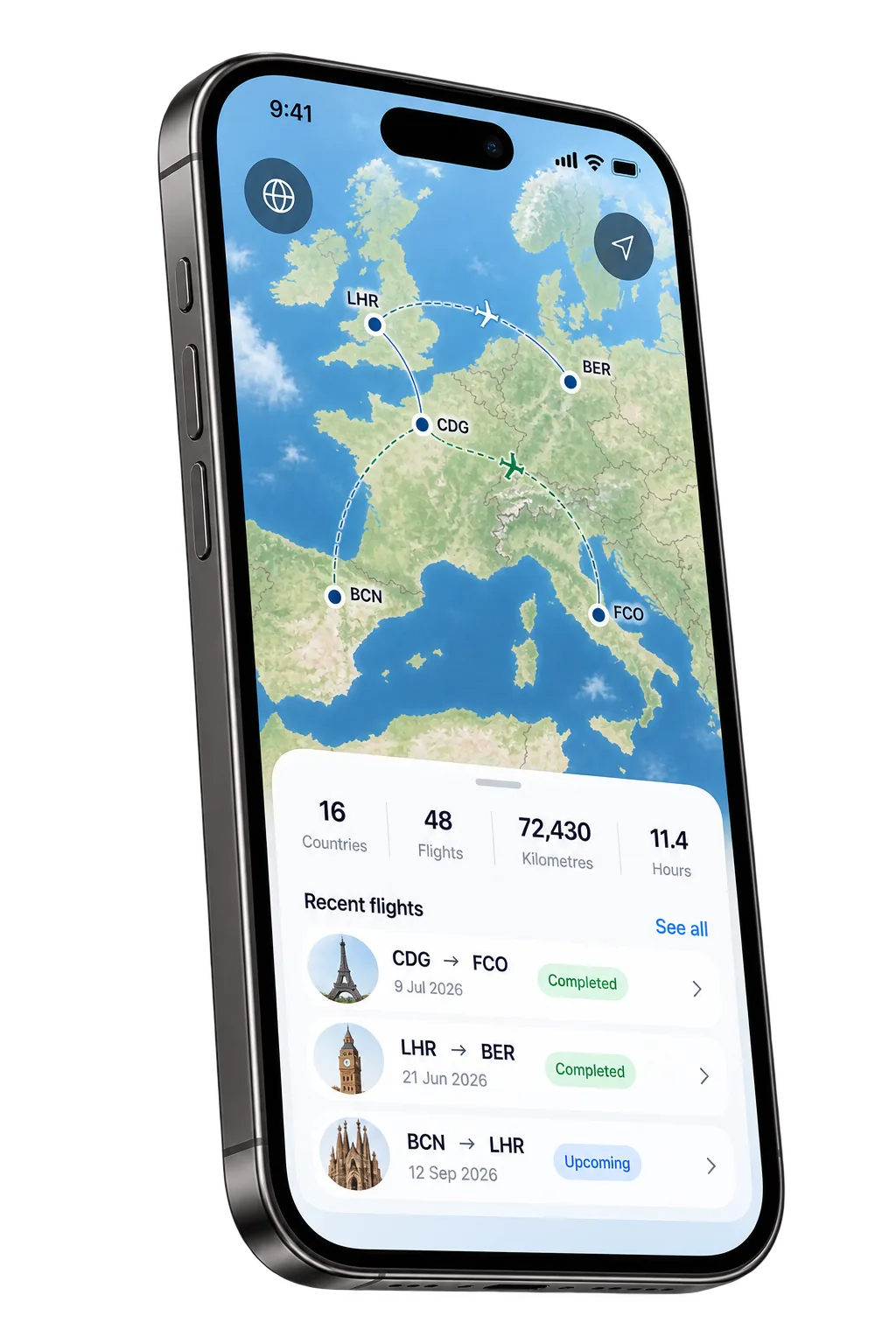 Bordy map screen showing completed and upcoming European routes, with lifetime totals and recent flights below