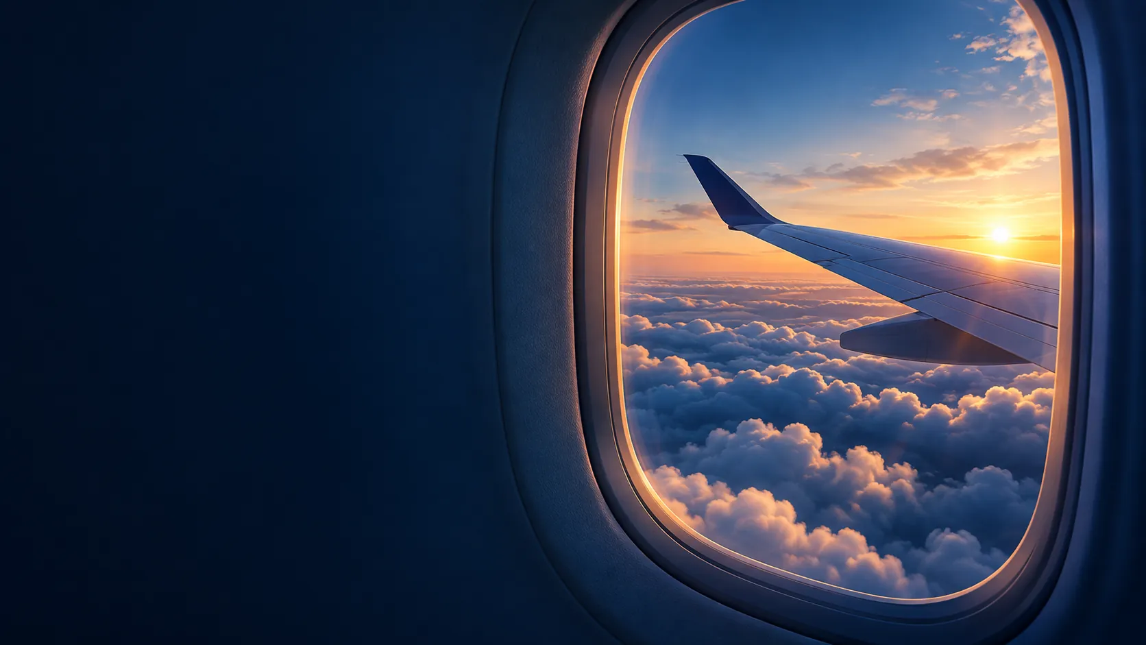 Aircraft window at sunset, wing above the clouds